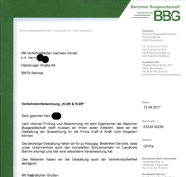 Schreiben der BBG mbH an VM Verkehrsmedien